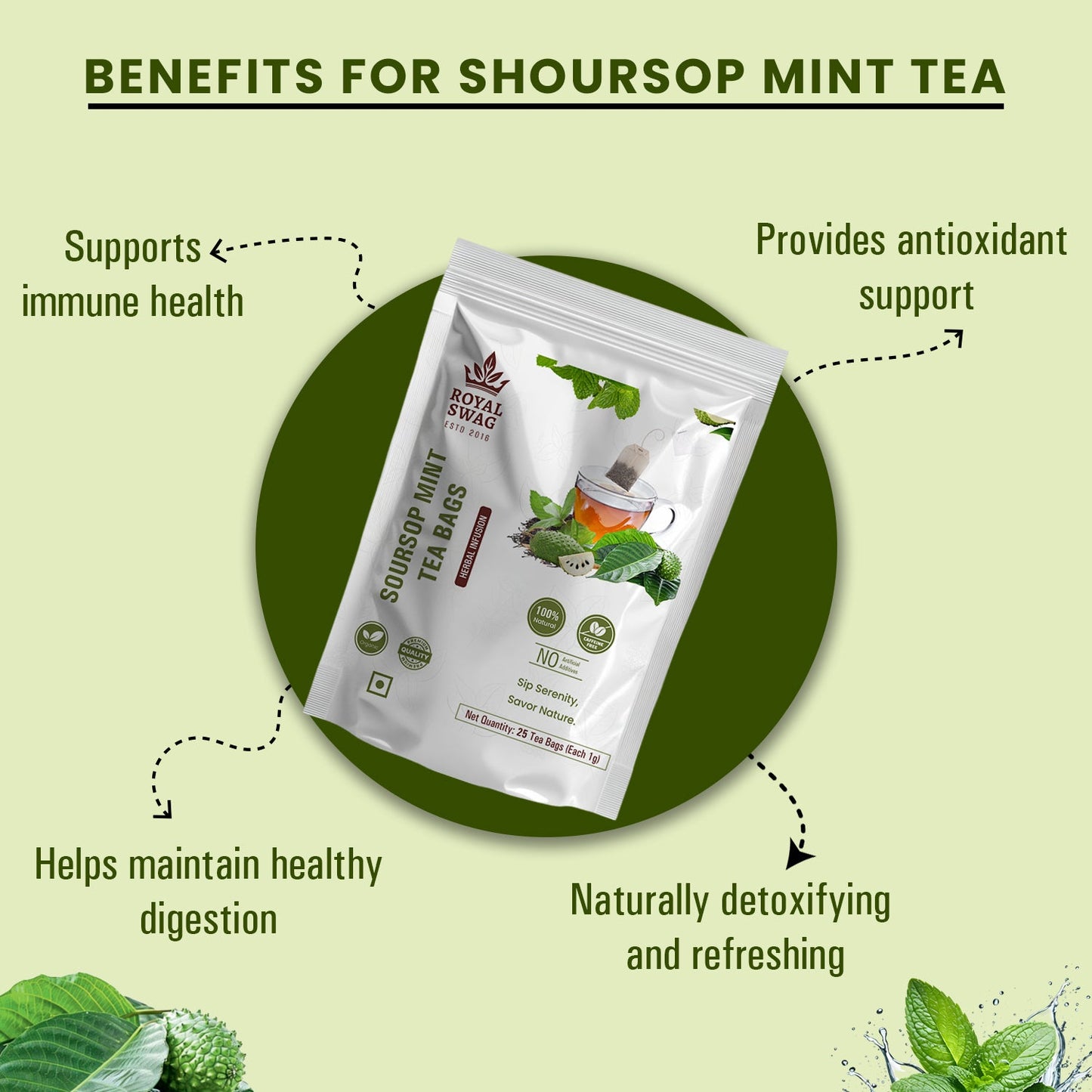 Royal Swag Soursop Mint Herbal Tea Bags | Premium Soursop Leaf & Mint Blend | 25 Herbal Tea Bags | Caffeine-Free Wellness Tea