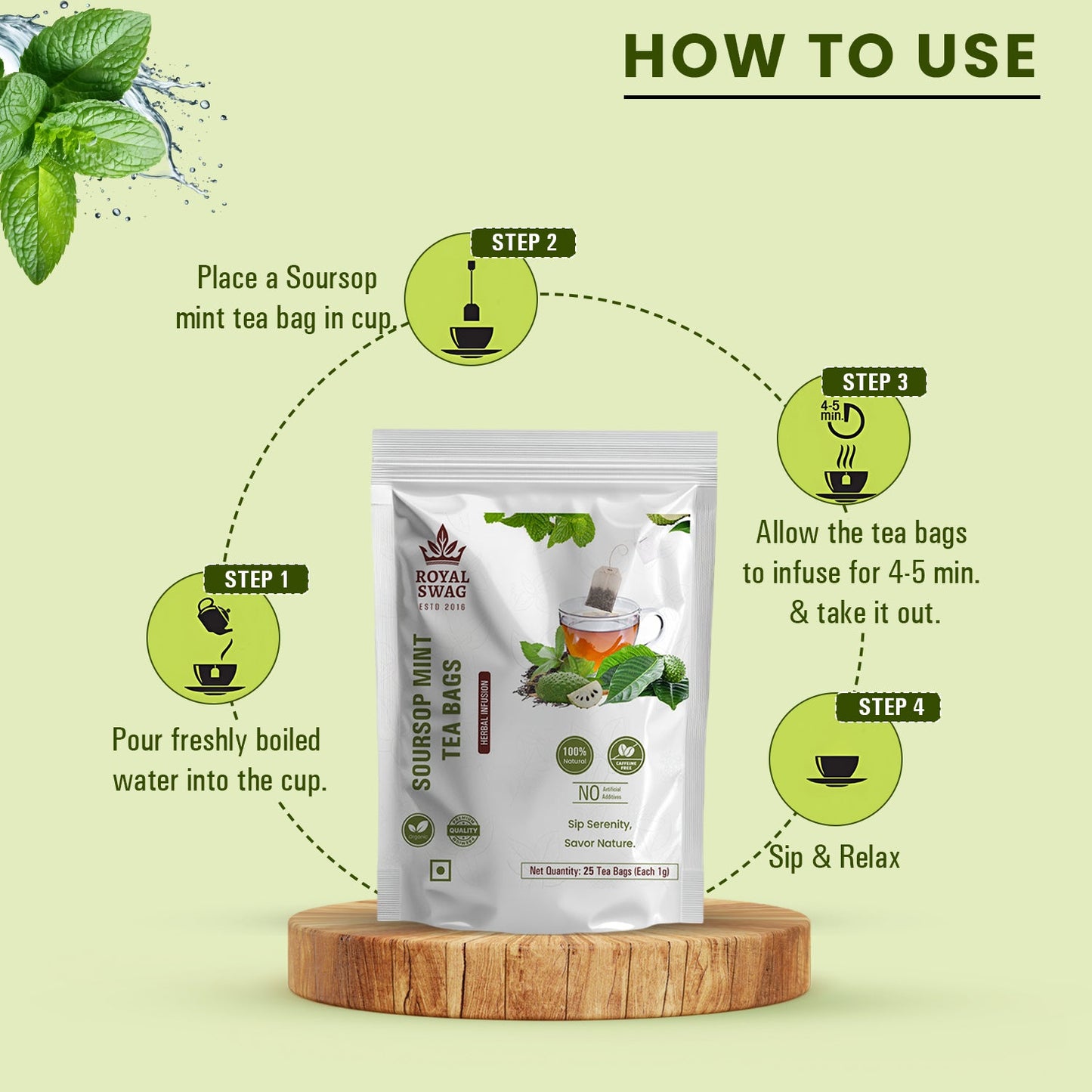 Royal Swag Soursop Mint Herbal Tea Bags | Premium Soursop Leaf & Mint Blend | 25 Herbal Tea Bags | Caffeine-Free Wellness Tea
